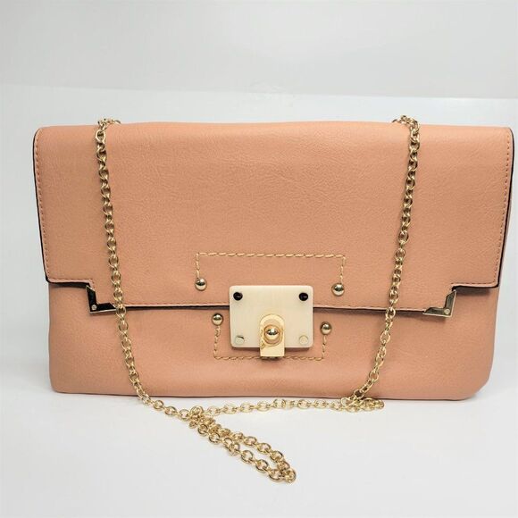 PEACH Colored Satchel Crossbody Handbag with Gold tone Chain Strap- NEW! - Picture 2 of 7